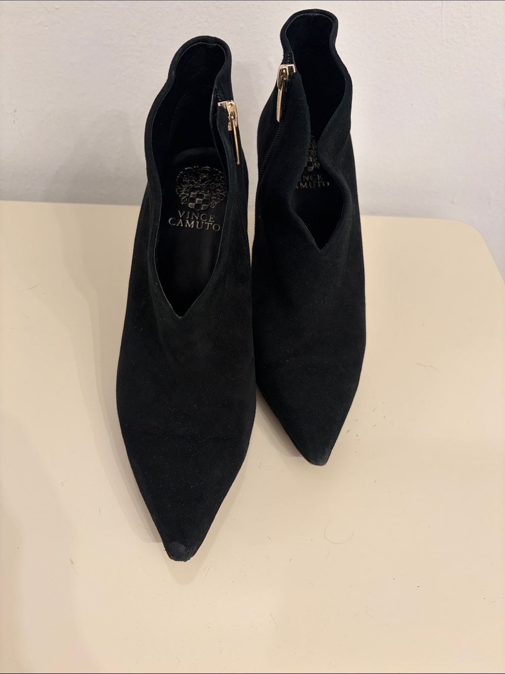 Vince Camuto Black Suede Pointed Toe Ankle Booties with Gold Zipper
